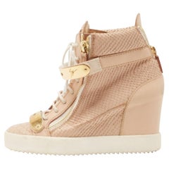Giuseppe Zanotti Peach Pink Python Embossed Leather Coby Wedge Sneakers Size 38