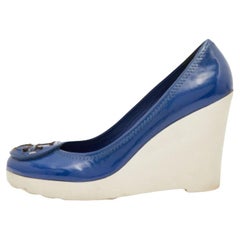 Tory Burch Navy Blue Patent Leather Logo Platform Wedge Pumps Size 37.5