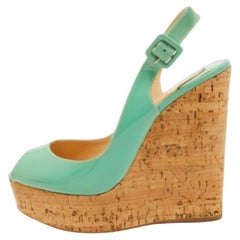 Christian Louboutin Green Patent Leather Une Plume Cork Wedge Sandals Size 37.5