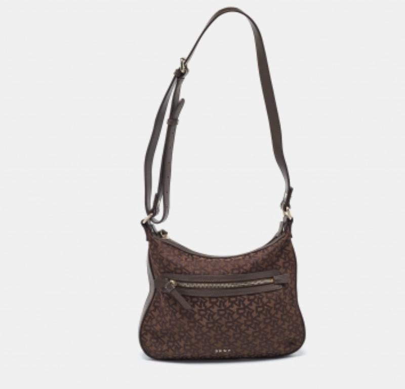 Borsa a tracolla in pelle e tela Monogram marrone di Dkny in vendita 5