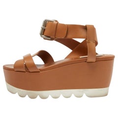 See by Chloe Brown Leather  Wedge Platform Ankle Strap Sandals Size 37