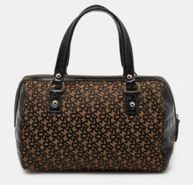 Cartera DKNY de lona marrón/negra y piel grabada con cocodrilo en venta 4