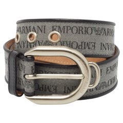 Emporio Armani Grey/Black Logo Print Fabric and Leather Buckle Belt