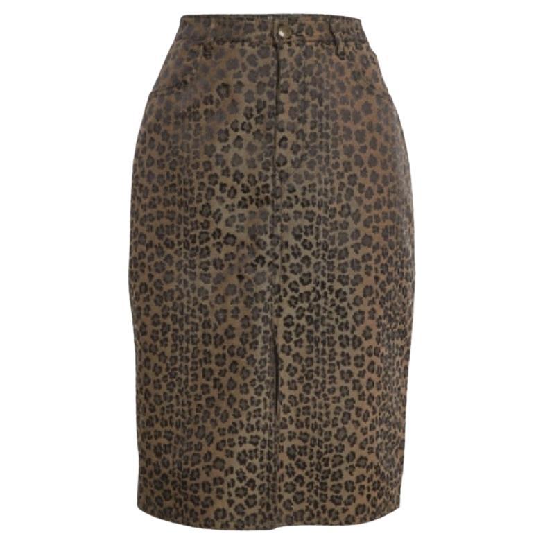Fendi Jeans Vintage Marrón Leopardo Estampado Jacquard Falda Midi L en venta