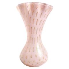 Alfredo Barbini Murano Pink Gold Flecks Italian Art Glass Fan Rim Flower Vase