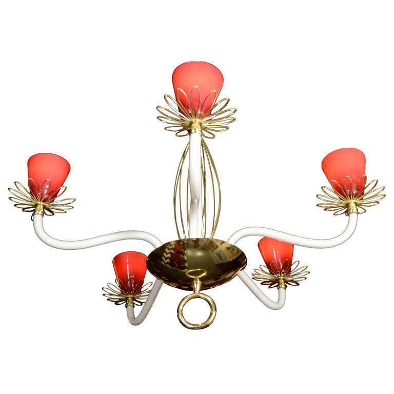 Italian, 1950s Cranberry Red & White Opaline Chandelier For Sale