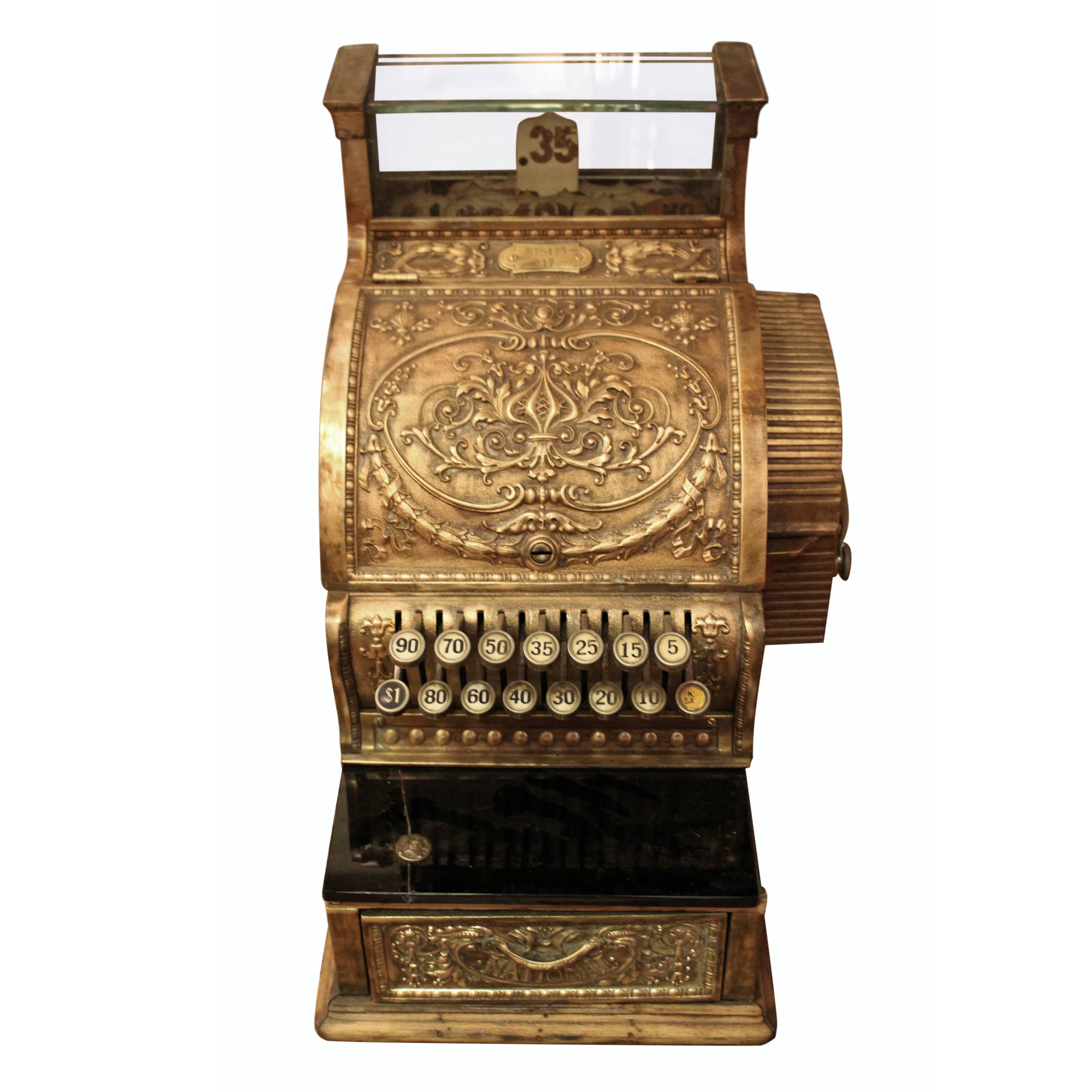 1914 Antique Bronze National Cash Register with Side Printer and Dolphin Design