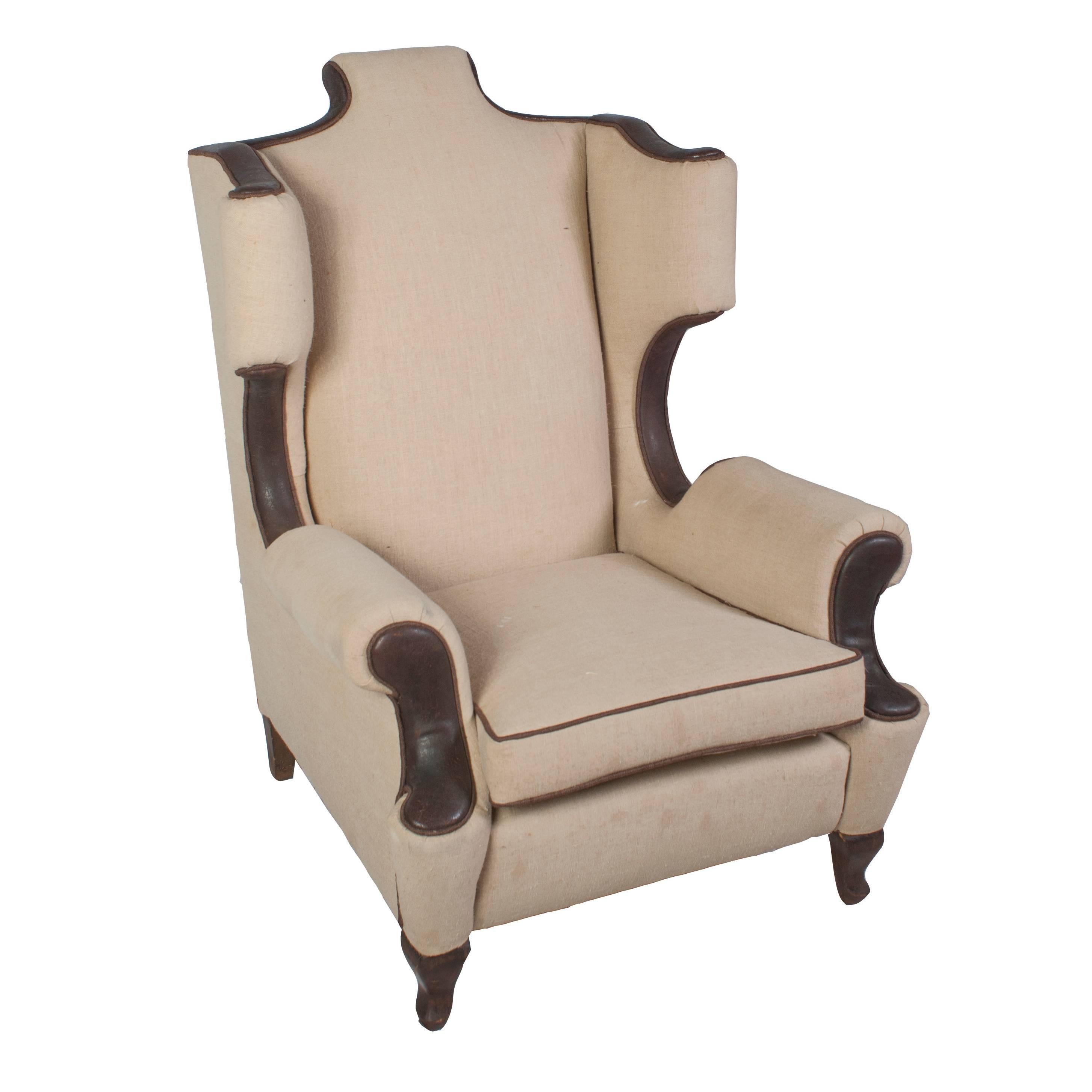 Single Linen and Leather Trim Wing Chair