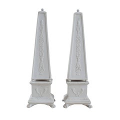 Pair of White Porcelain Obelisks with Side Decorations Matte Finish