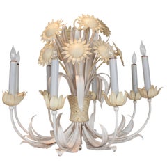 White and Yellow Painted Tole Chandelier with Sun Flower Decoration