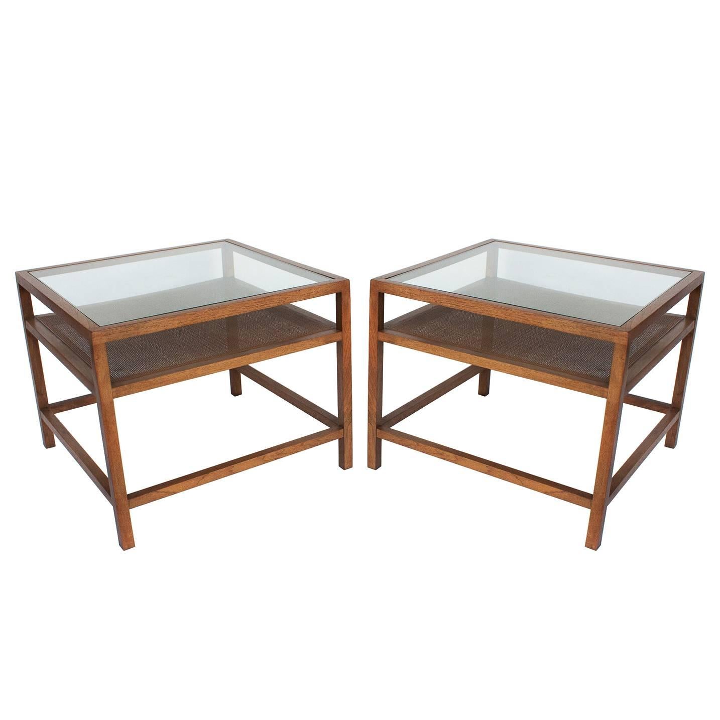 Pair of Square End Tables with Cane Shelf