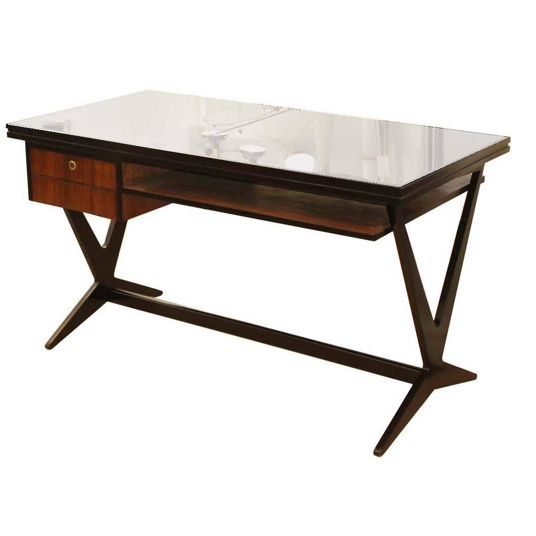 Elegant Desk with Black Glass Top Italy 1950s at 1stdibs