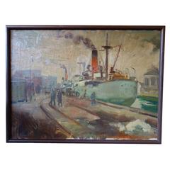 Copenhagen Harbor Scene Oil on Canvas by Willy Bille