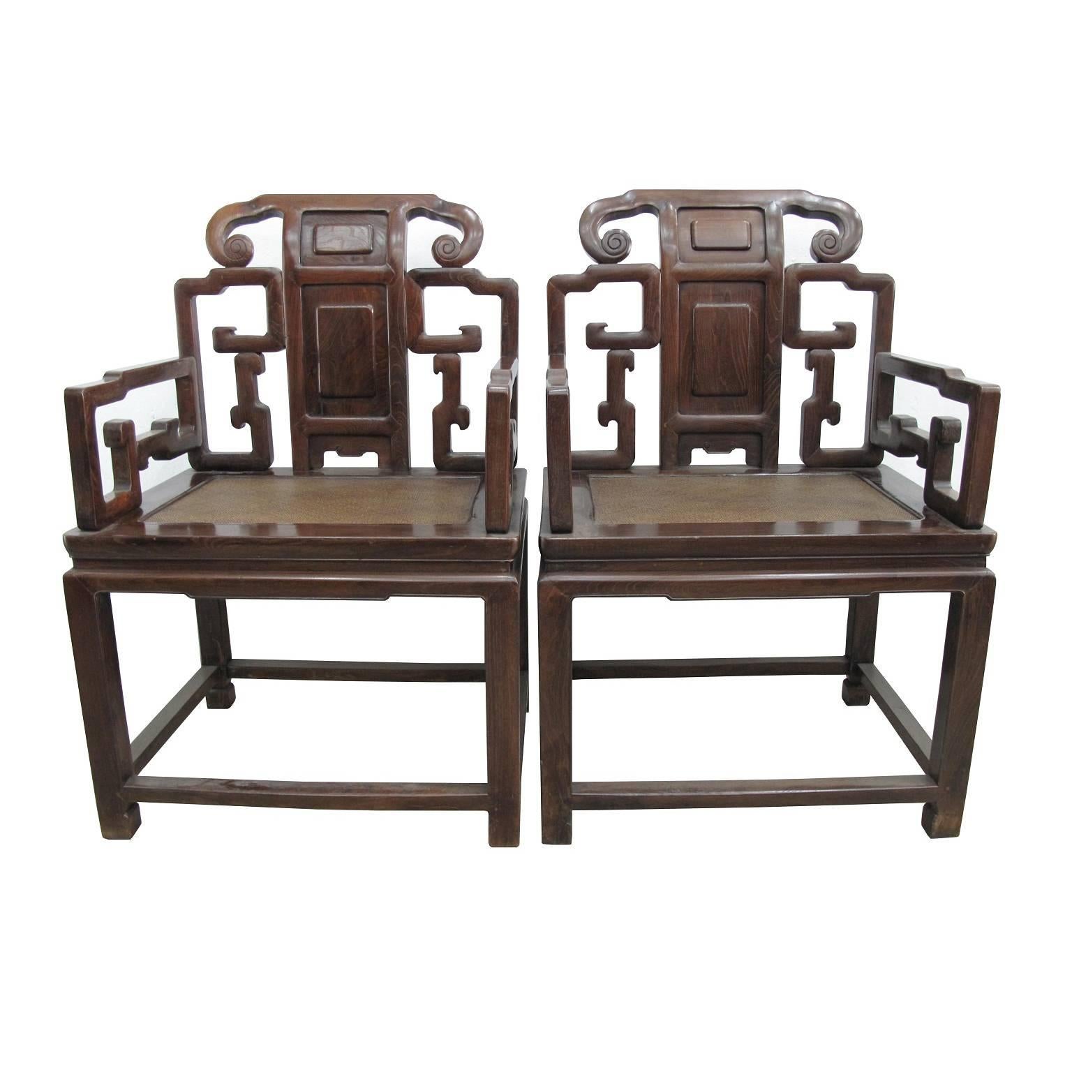 Pair of Early 19th Century Chinese Low-Back Armchairs in Rare Zhazhen Wood For Sale