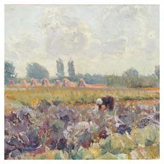 Antwerp Landscape "Women Working in the Fields" Oil on Canvas
