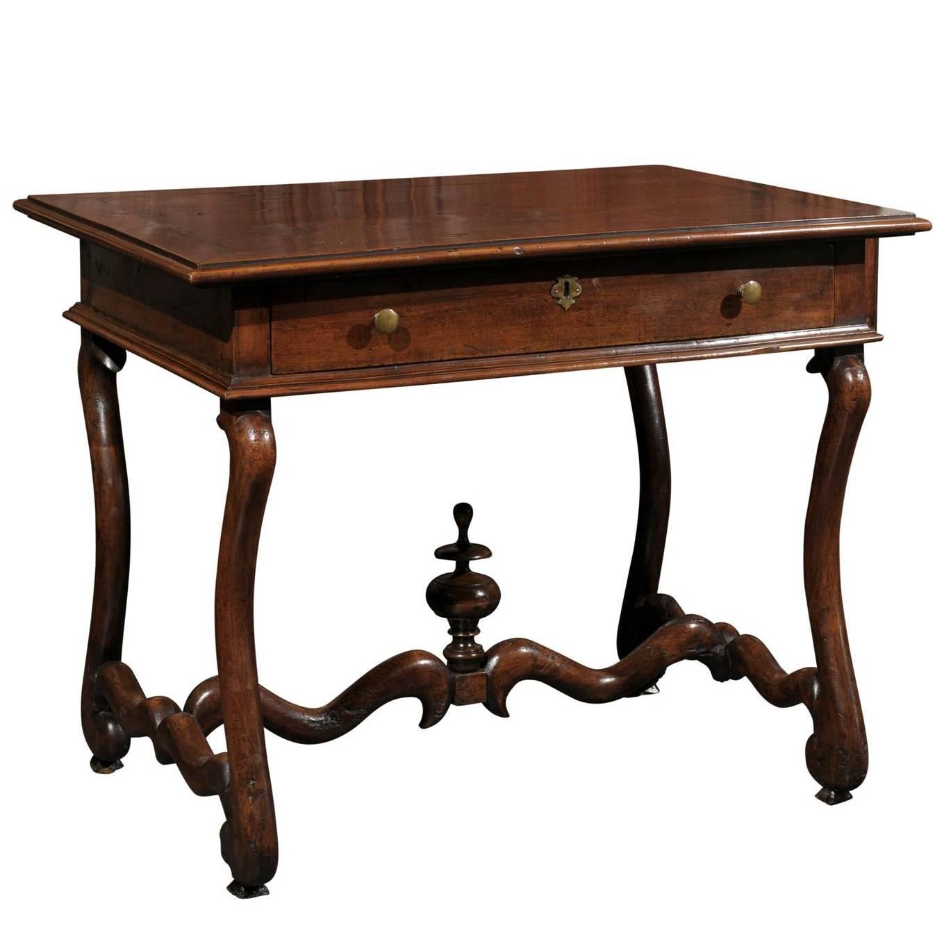 French Mid-19th Century Walnut Side Table, Single Drawer and Carved Stretcher For Sale