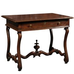 French Mid-19th Century Walnut Side Table, Single Drawer and Carved Stretcher 1