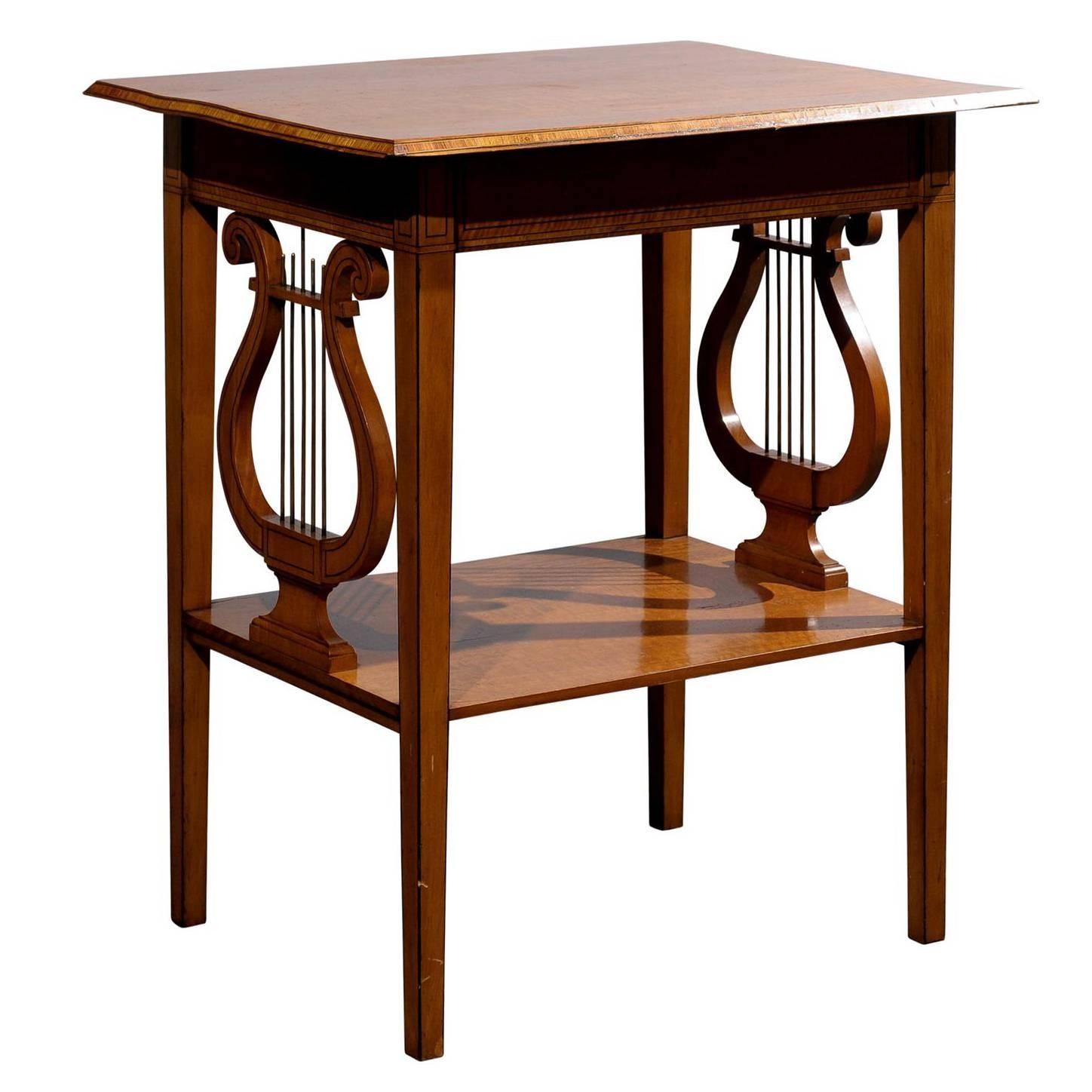 English 19th Century Collinson & Lock Satinwood Accent Table with Lyre Sides