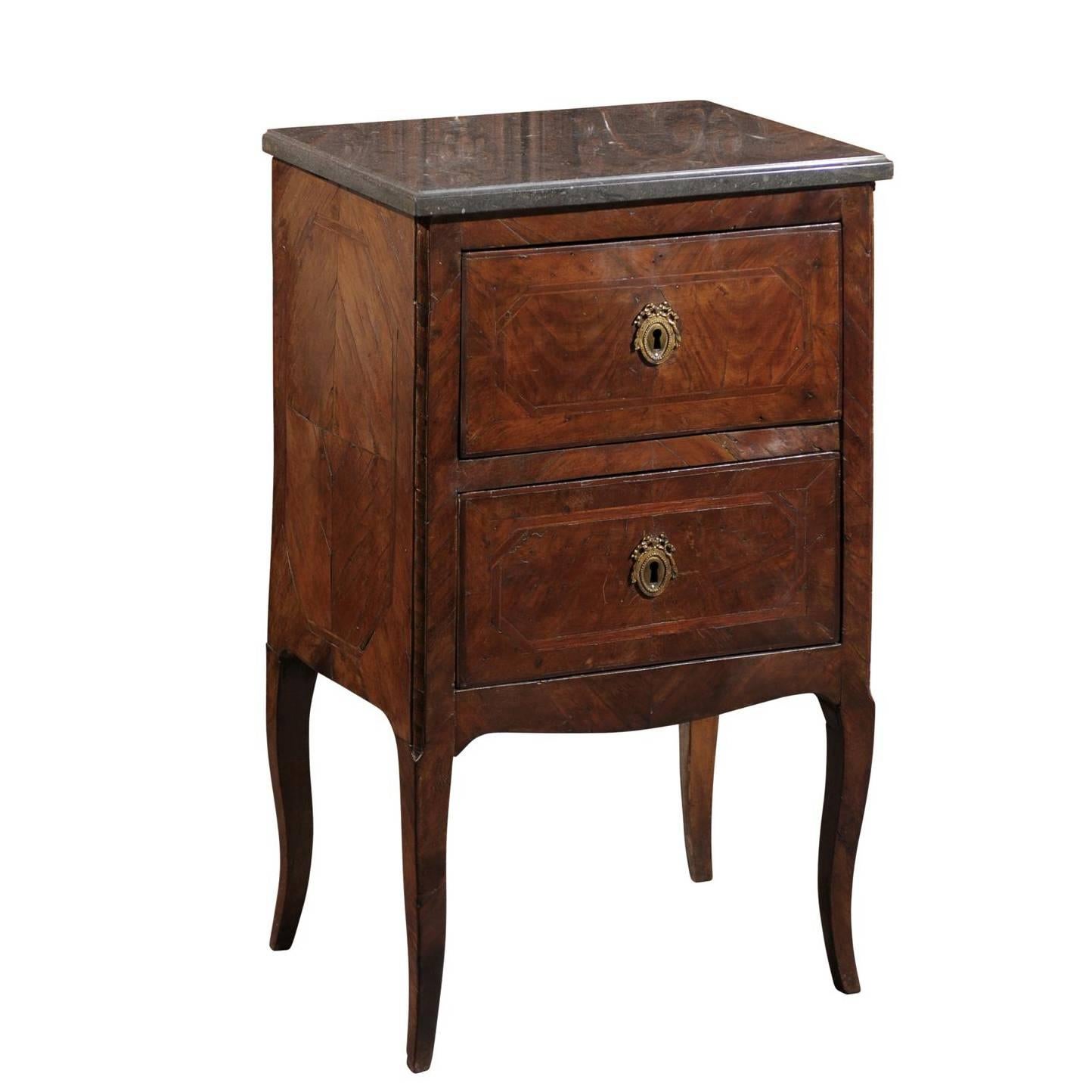 Petite Italian Two-Drawer Commode with Grey Marble Top, circa 1800 For Sale