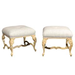 Pair of French Bleached and Carved Wood Louis XV Style Upholstered Stools, 1940s