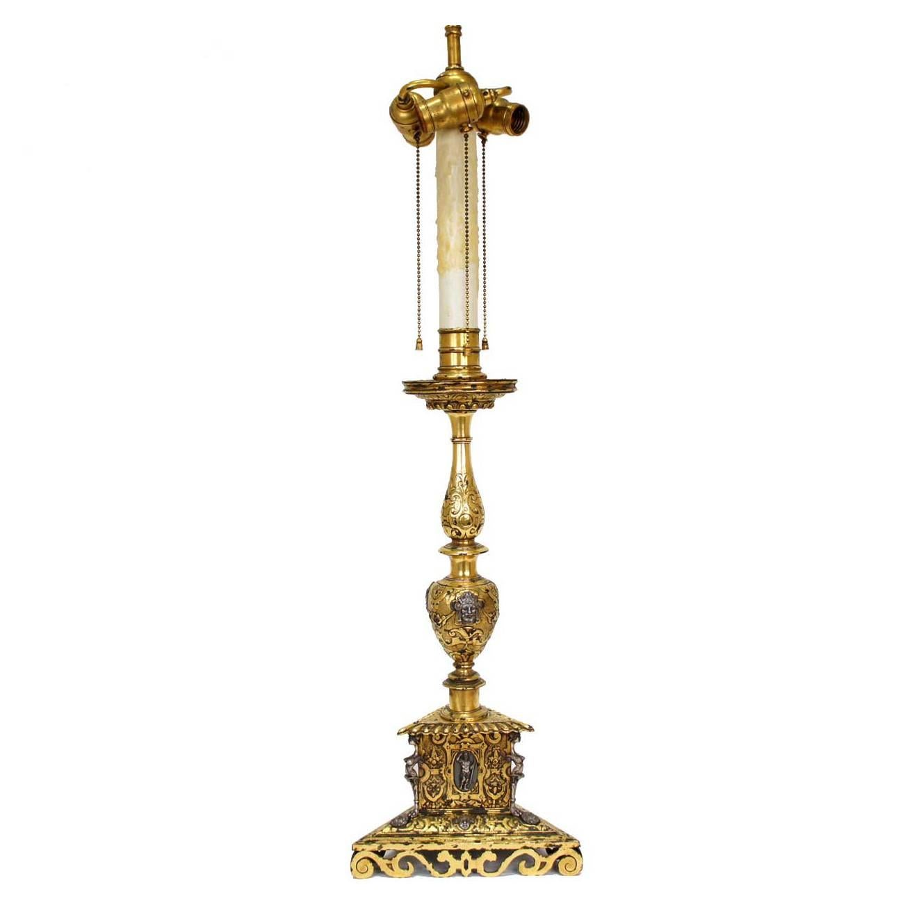 Italian Renaissance Style Silver and Gilt Bronze Table Lamp For Sale