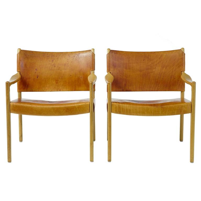 Pair of 20th Century Designer Ash and Leather Hide Armchairs at 1stDibs