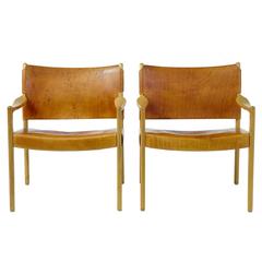 Pair of 20th Century Designer Ash and Leather Hide Armchairs