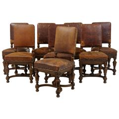 Antique Fine Set of Eight 19th Century Carved Oak and Leather Dining Chairs