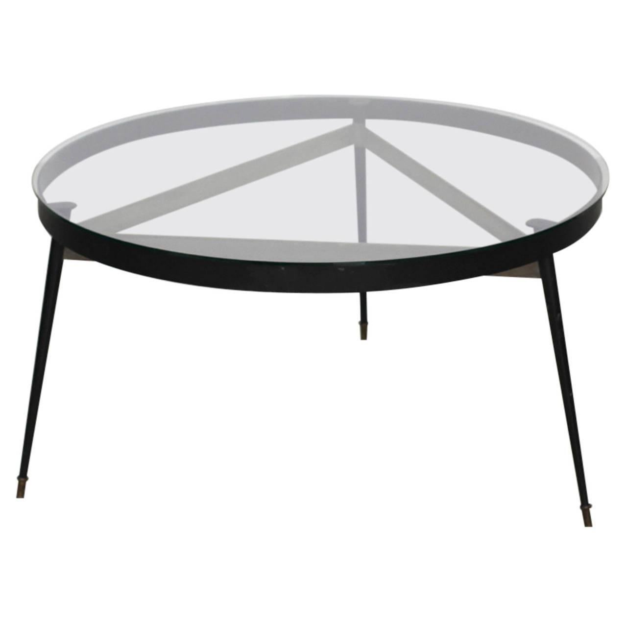 French 1950s Round Tripod Table with Glass Top