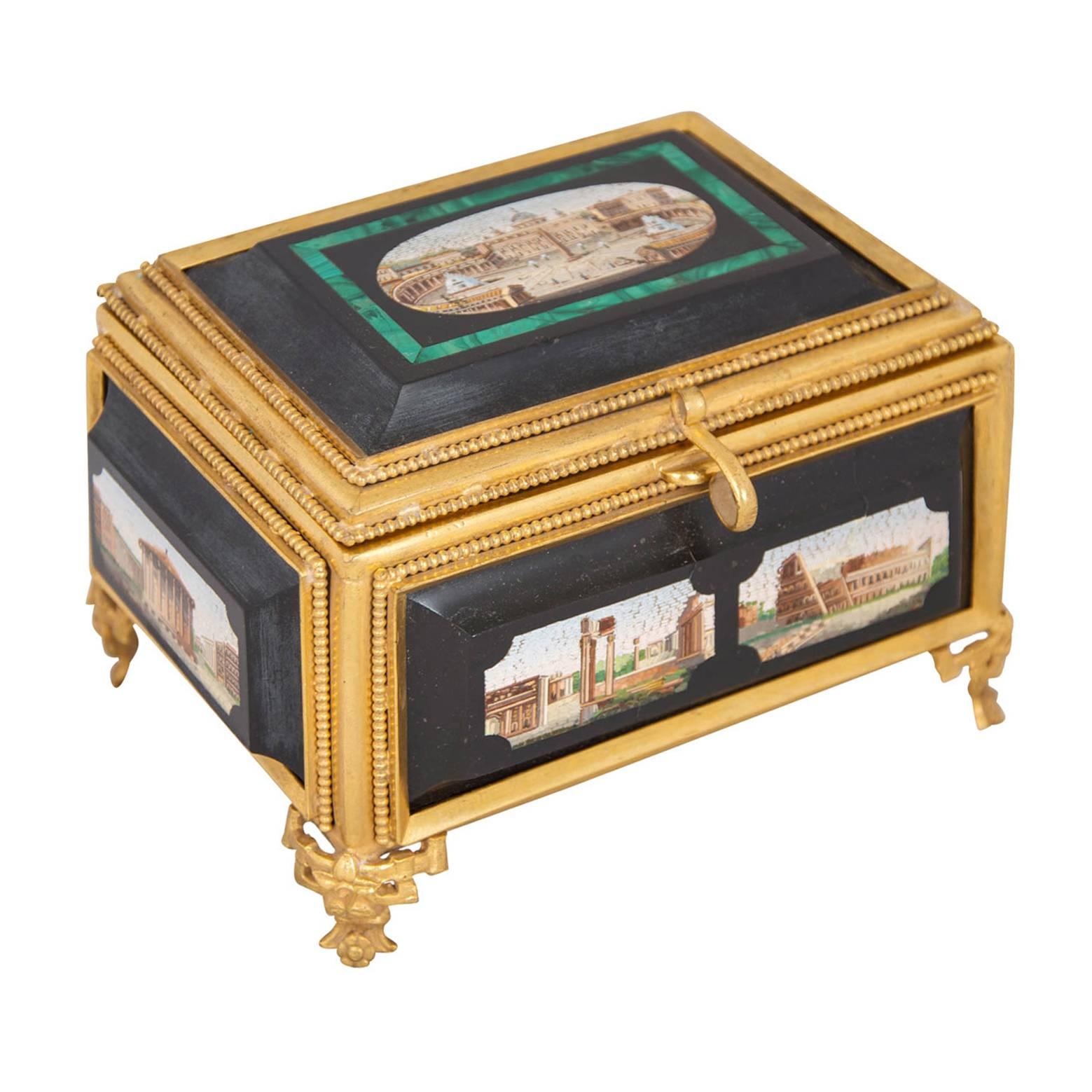 Fine Rectangular Ormolu, Malachite, Marble and Micromosaic Casket