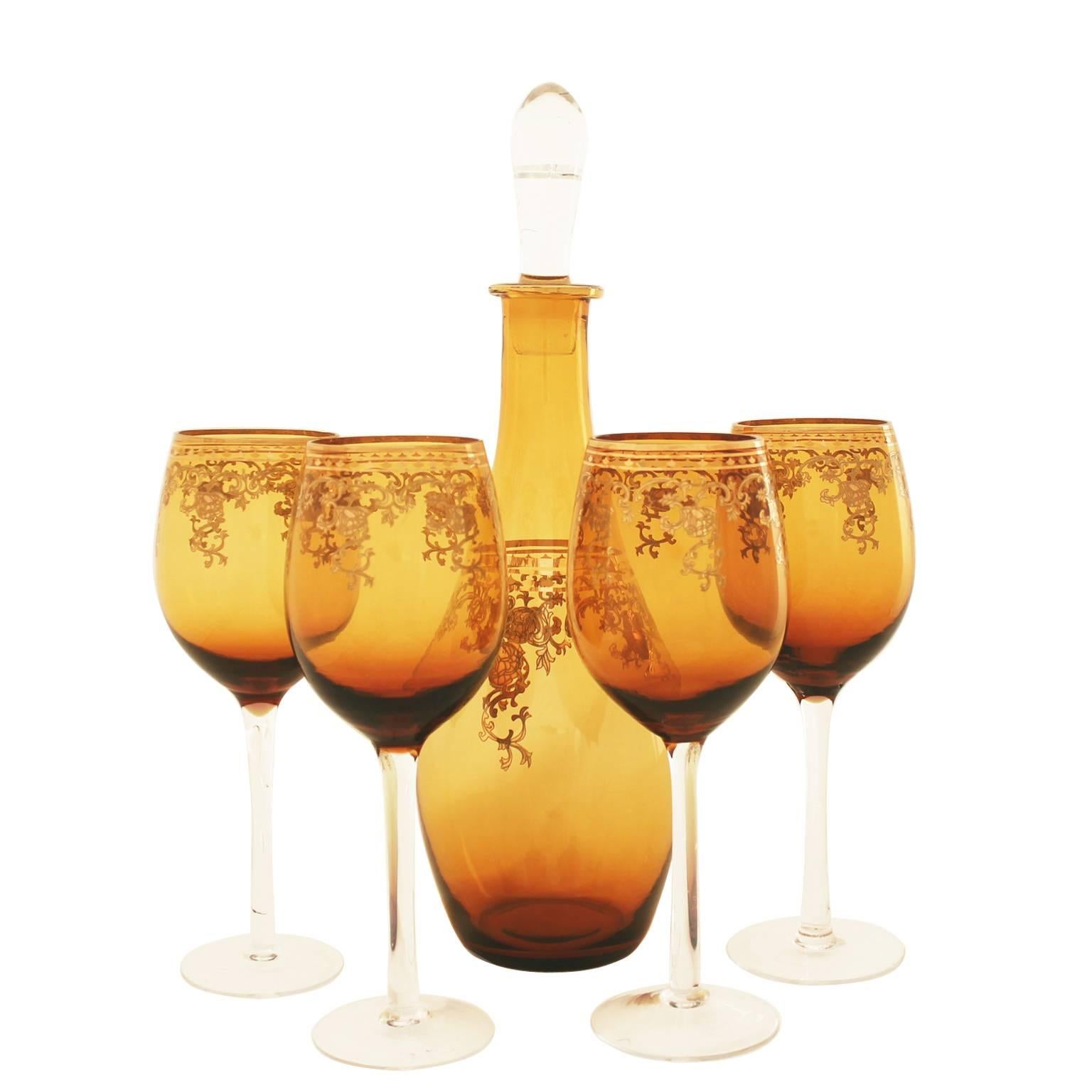 Mid-Century Decanter and Wine Glasses Set