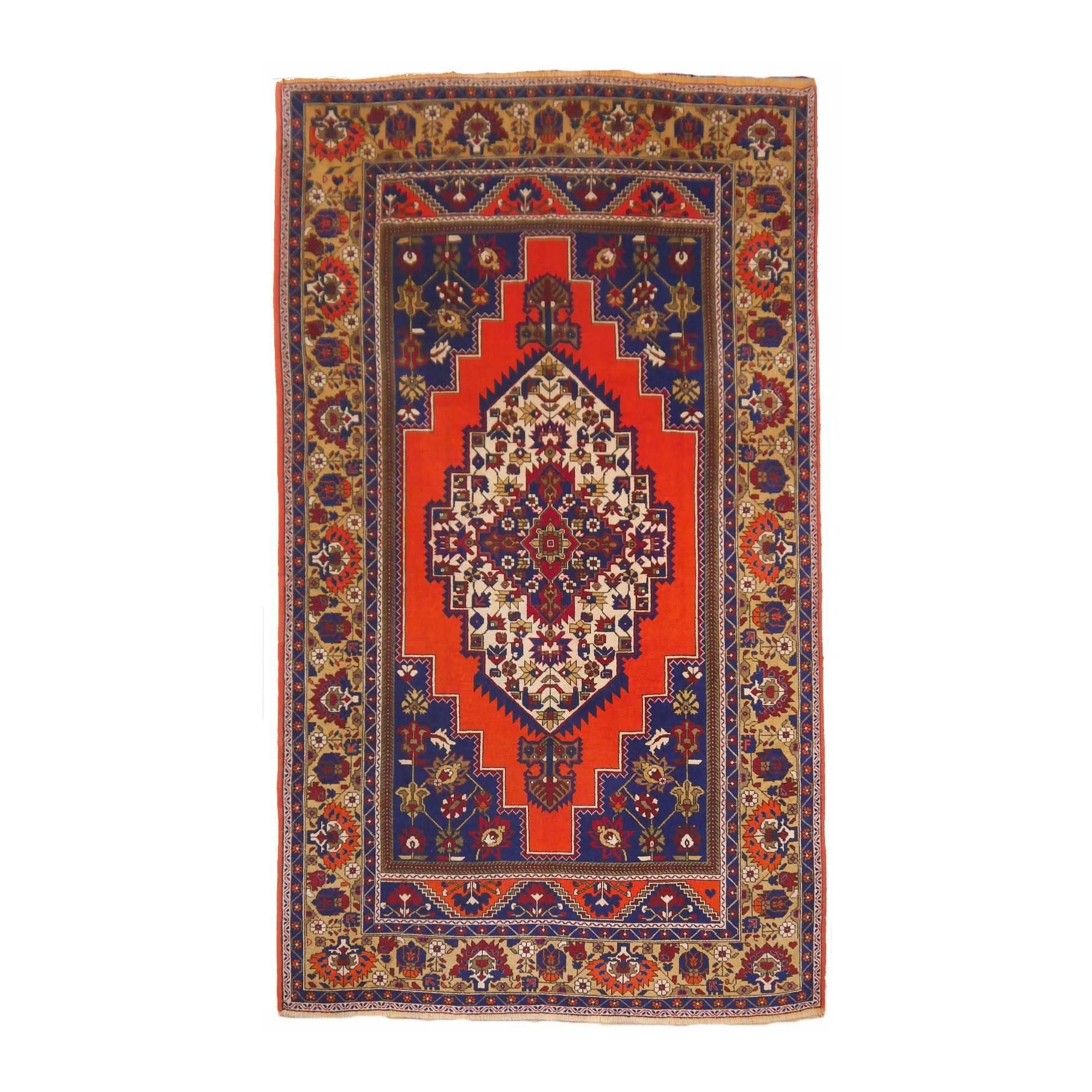 Türkischer Taspinar-Teppich, handgeknüpft in Blau und Orange