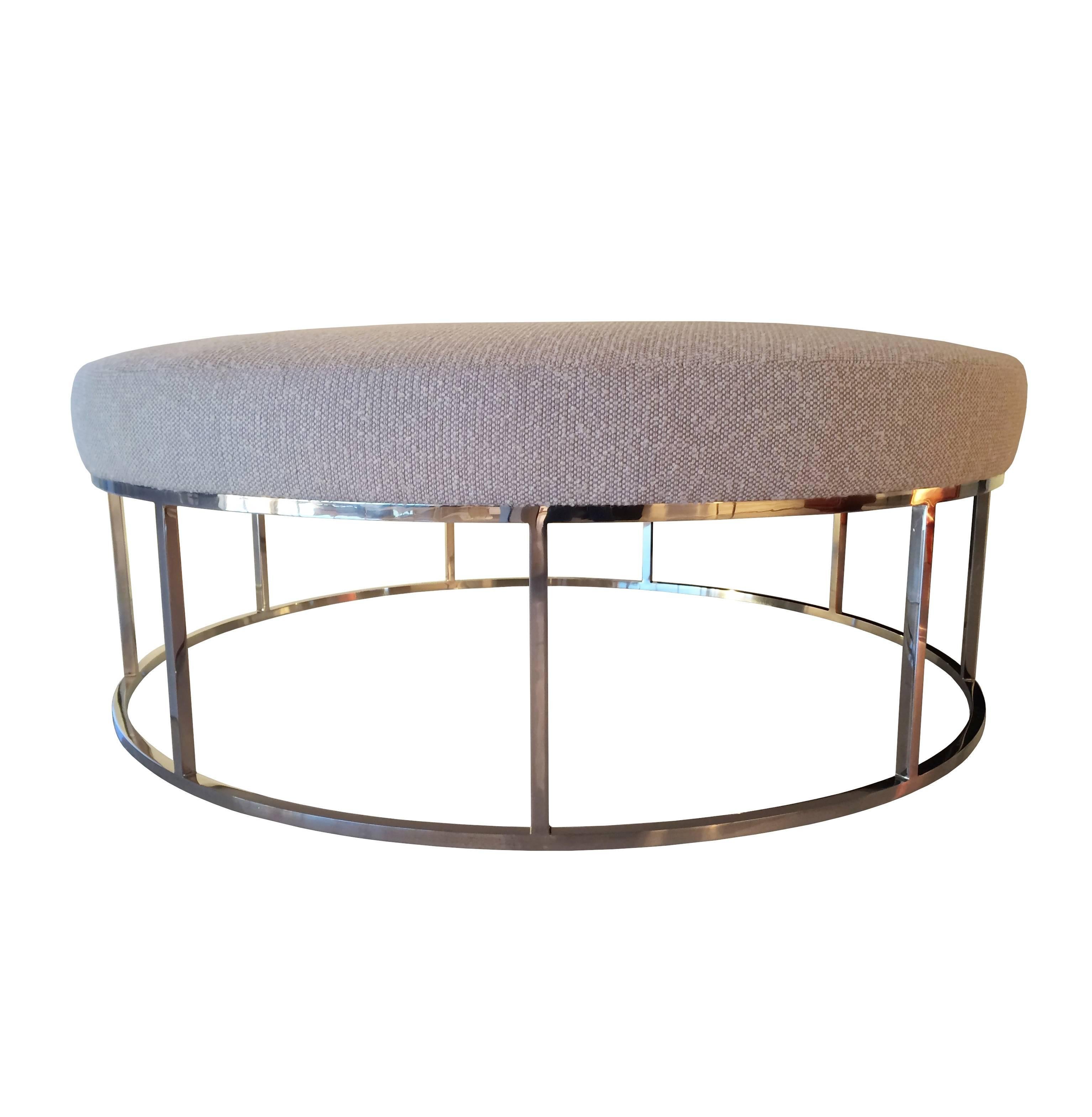 Stunning Custom Designed Round Ottoman with Stainless Steel Base For Sale