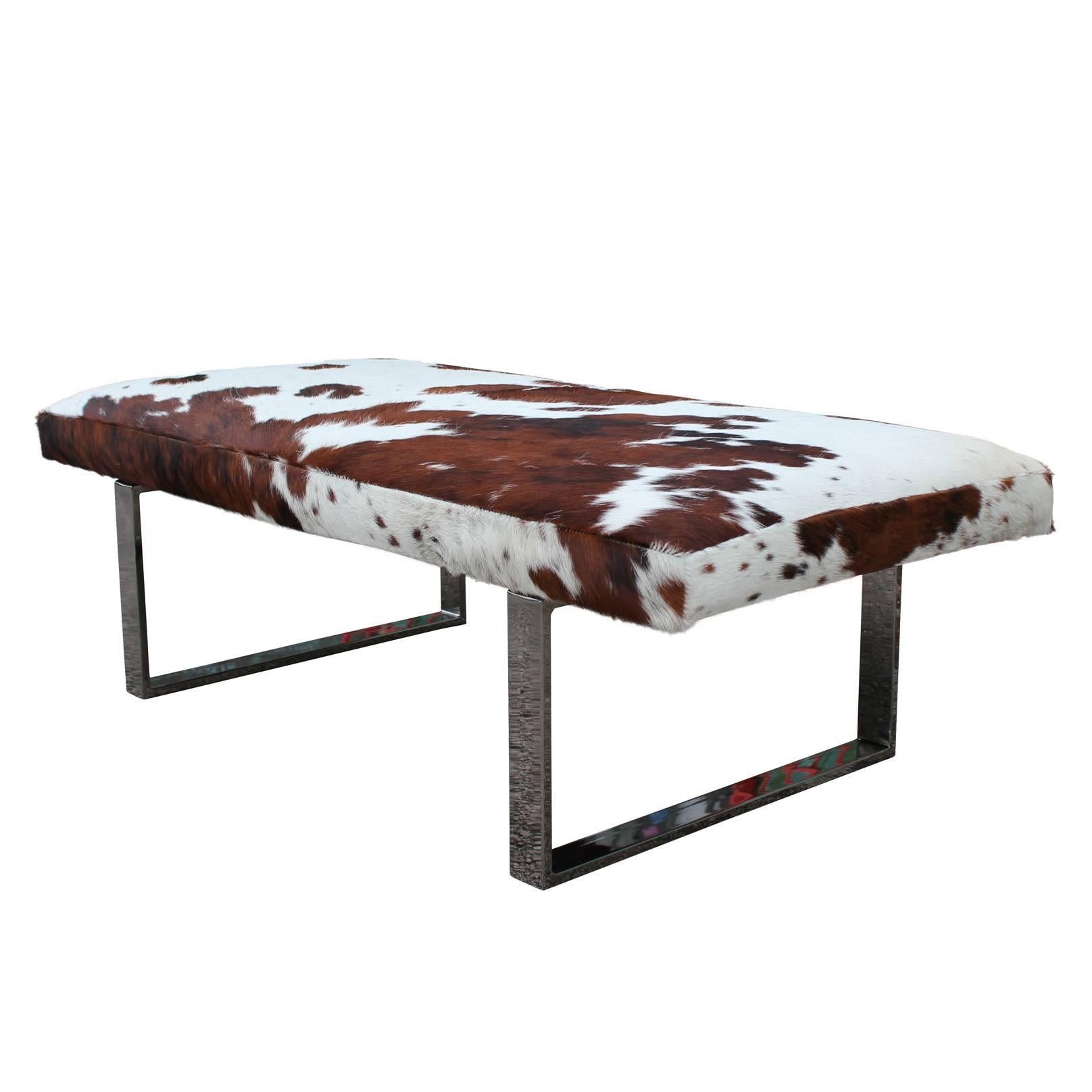 Striking Cowhide and Chrome Bench of Ottoman
