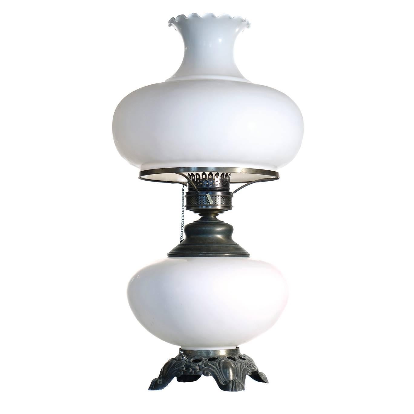 Large Elegant Milk Glass Hurricane Lamp
