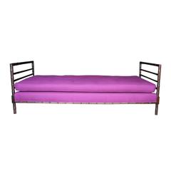 Vintage Exquisite Raspberry Linen and Walnut Faux Bamboo Daybed Settee