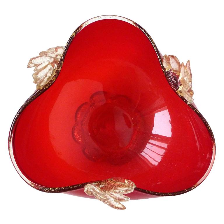Murano Bright Red, Applied Gold Leafs Italian Art Glass Footed Bowl