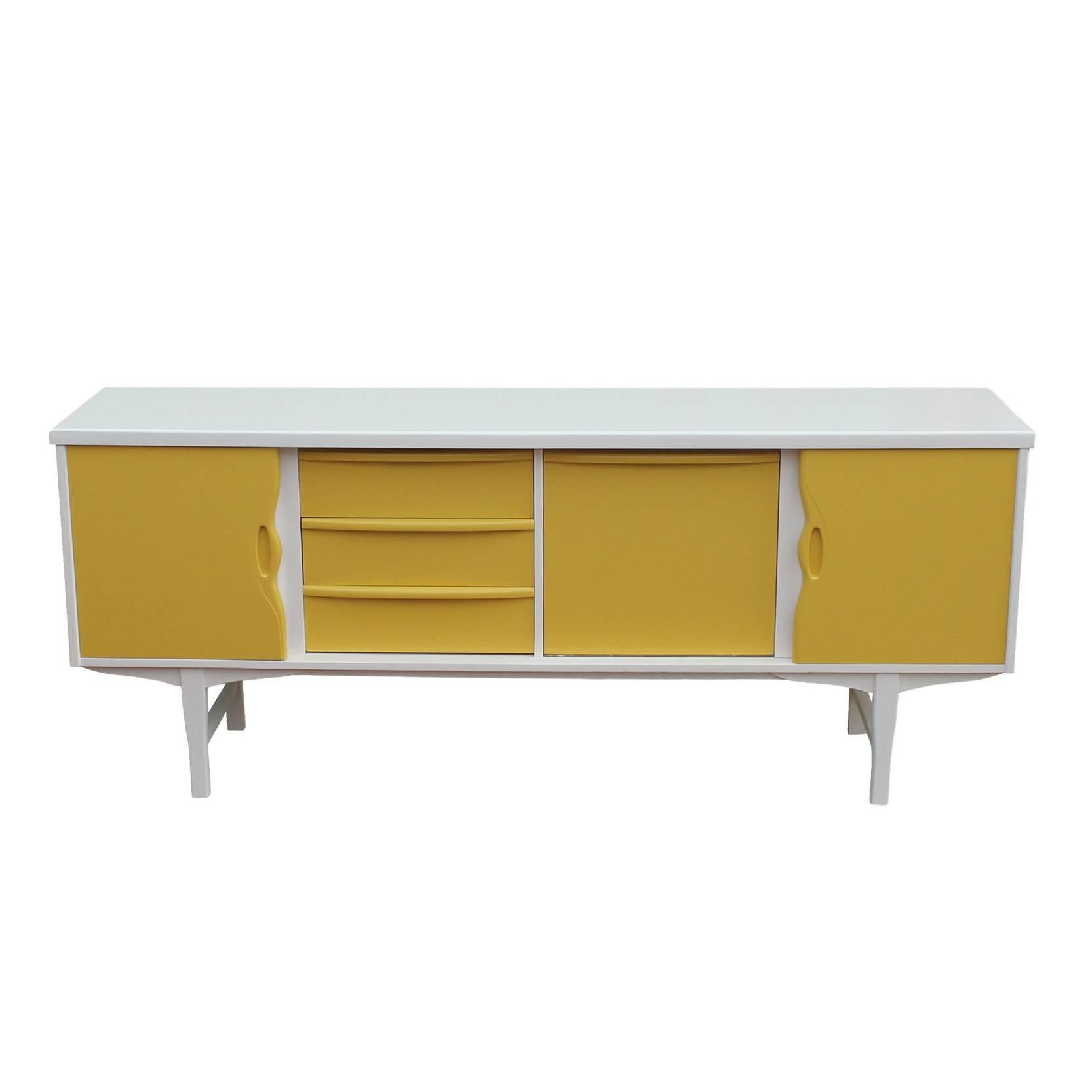 Mid Century Modern Clean Mustard Lacquered Sliding Door Sideboard