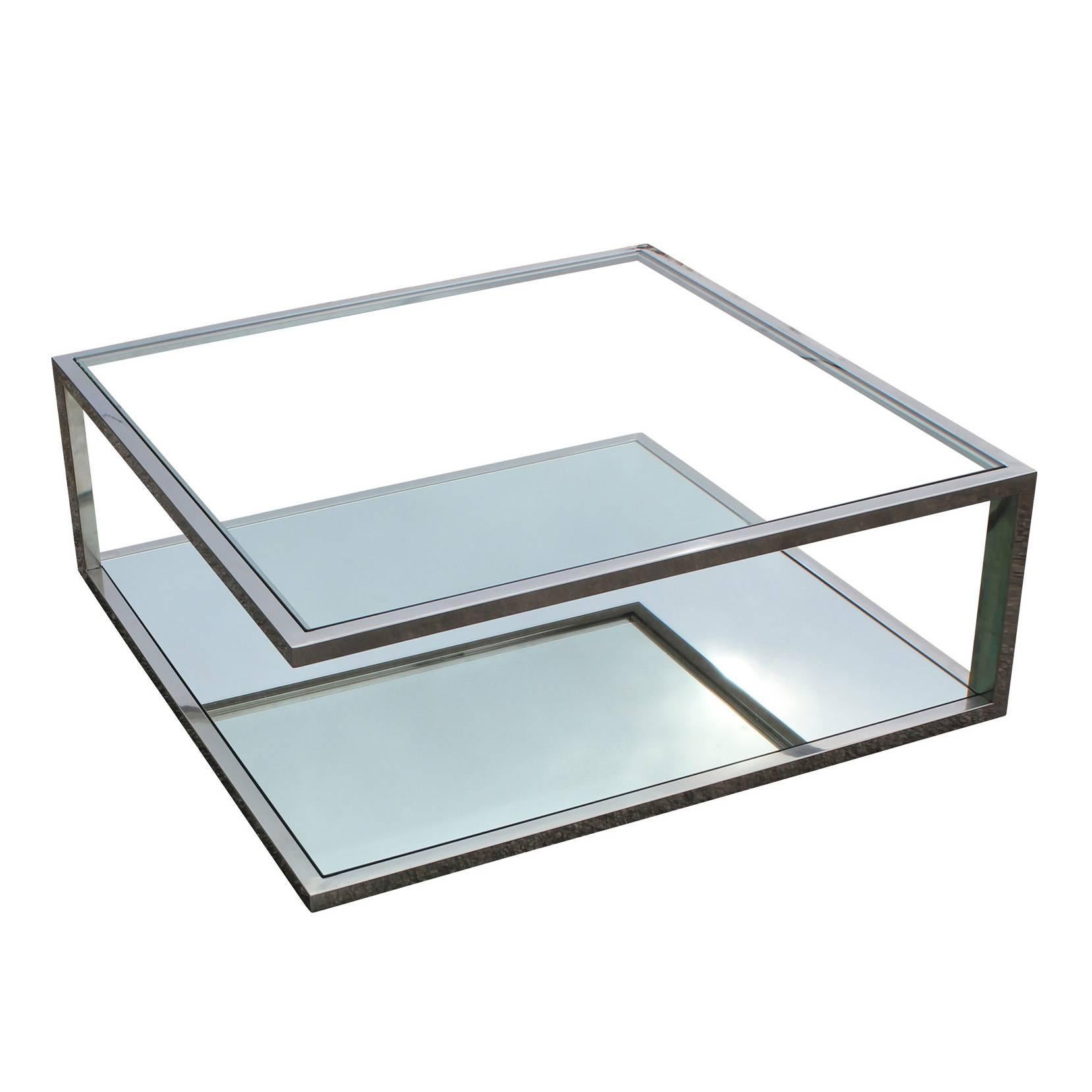 Angular Modernist Square Chrome and Glass Coffee Table