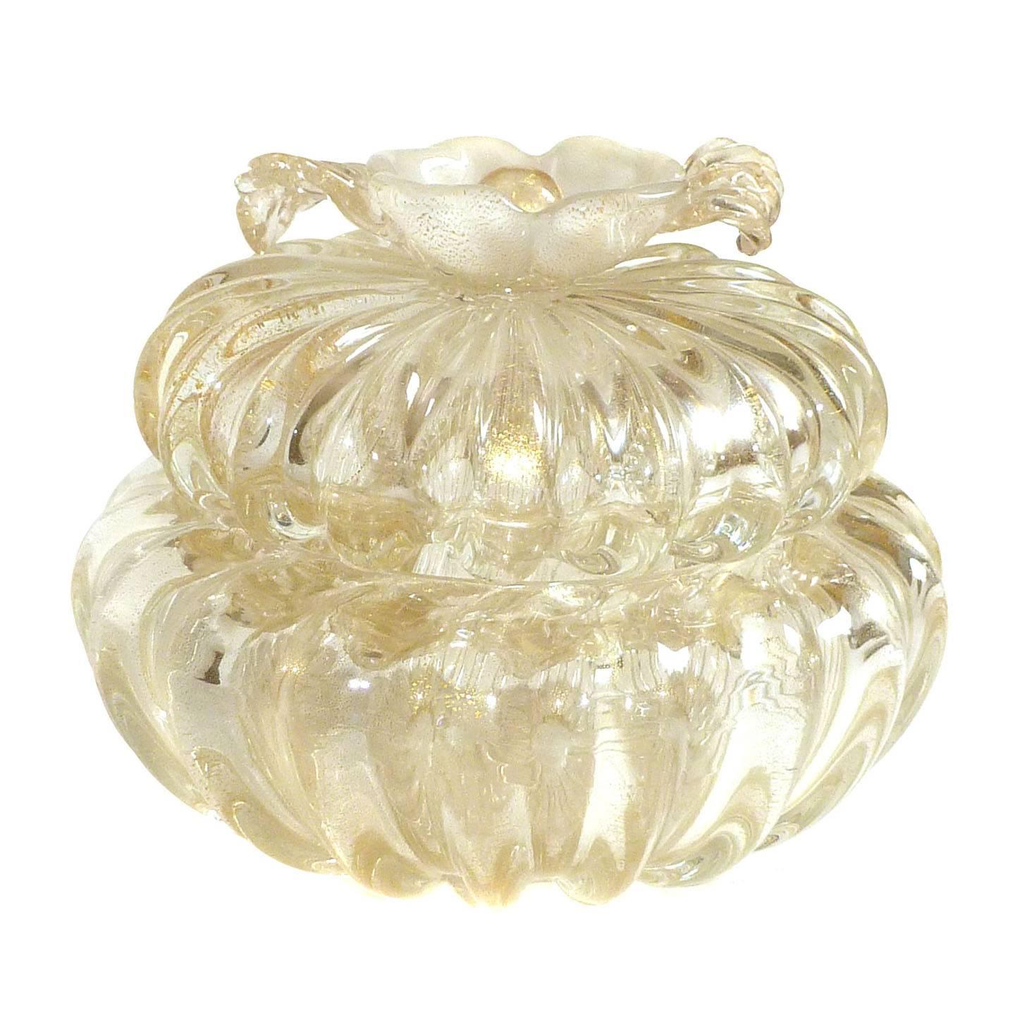 Seguso Murano Gold Flecks Applied Flower Italian Art Glass Vanity Powder Box