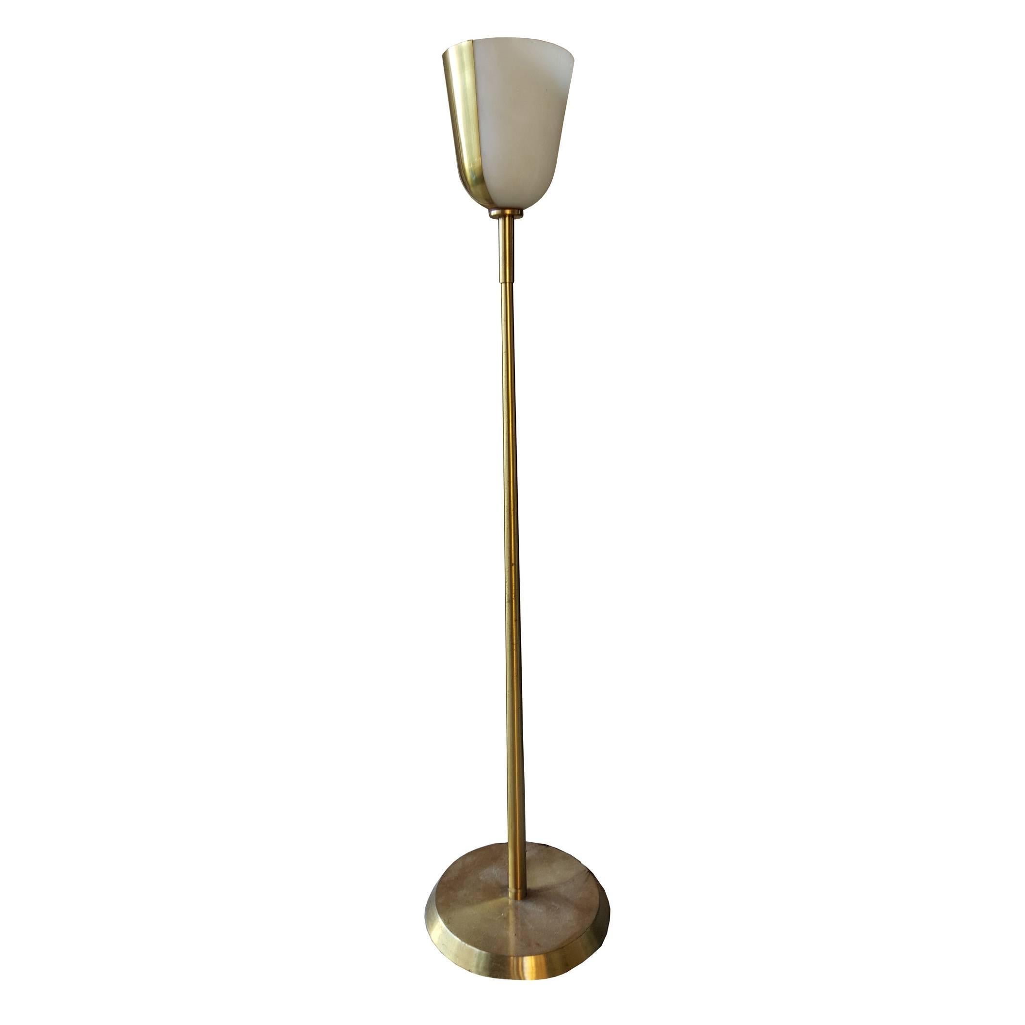 Jean Perzel. Floor lamp, shade half frosted opal glass and half brass.