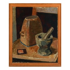 Large Danish Framed Still-Life Painting with Mortar and Pestle