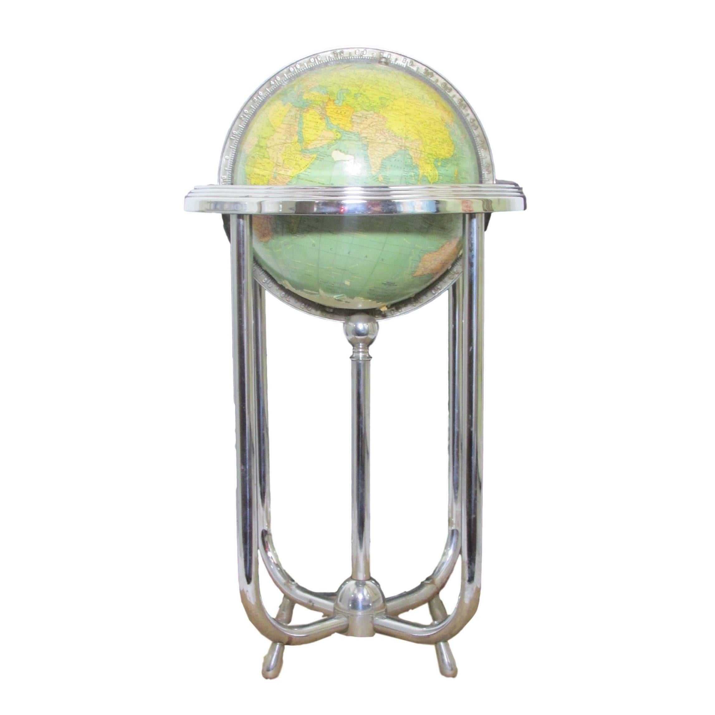 Art Deco World Globe with Tubular Chrome Stand