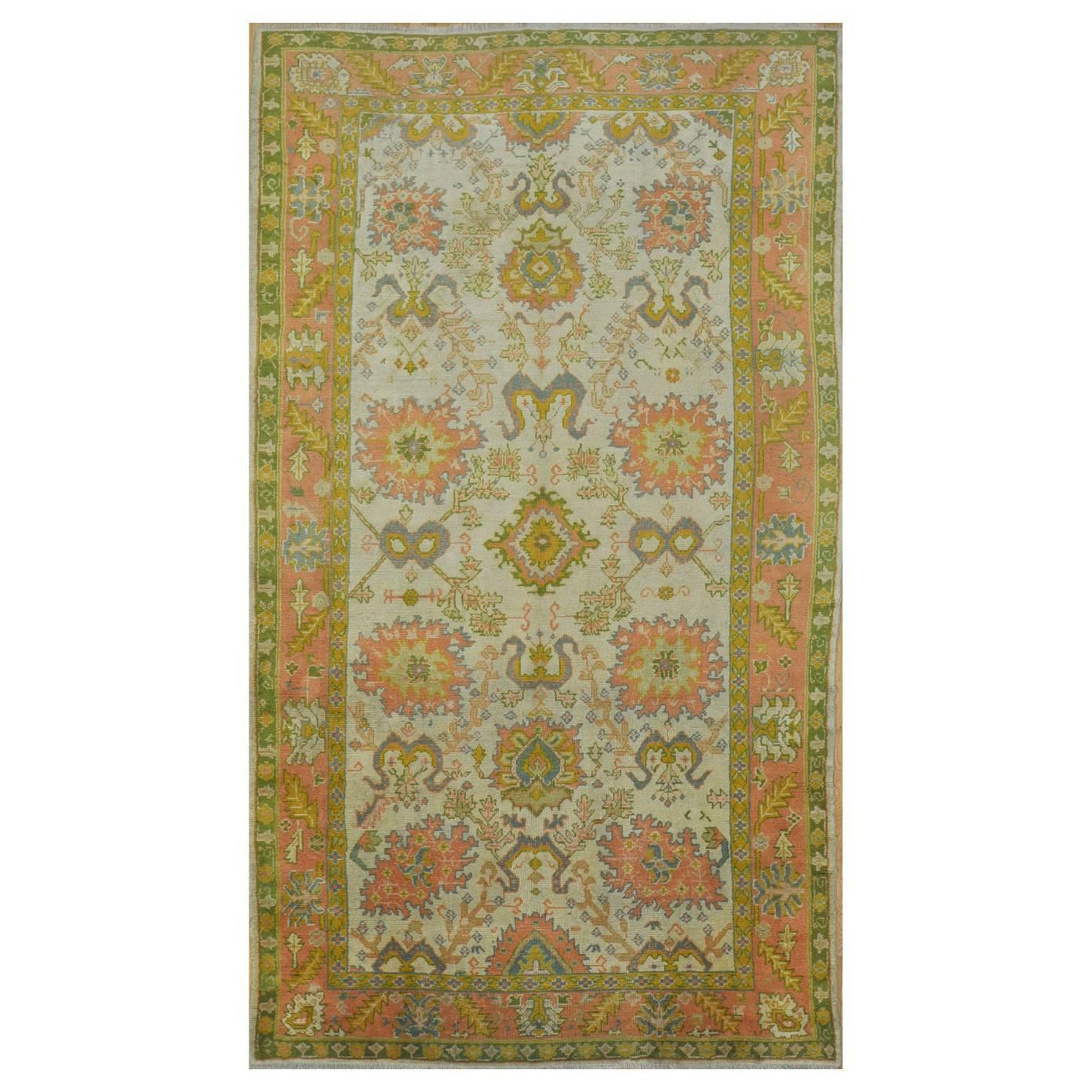 Antique Handmade Gallery Size Ivory, Green Coral Wool Turkish Oushak Rug For Sale