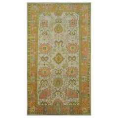 Antique Handmade Gallery Size Ivory, Green Coral Wool Turkish Oushak Rug