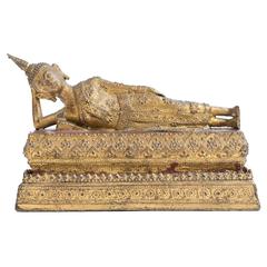 Antique 19th Century Thai Gilt Bronze Figure of Reclining Buddha