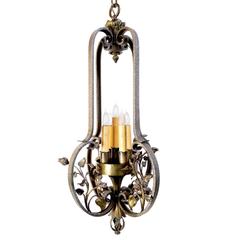 Antique Hand-Wrought Iron and Bronze Pendant with Roses, circa 1910