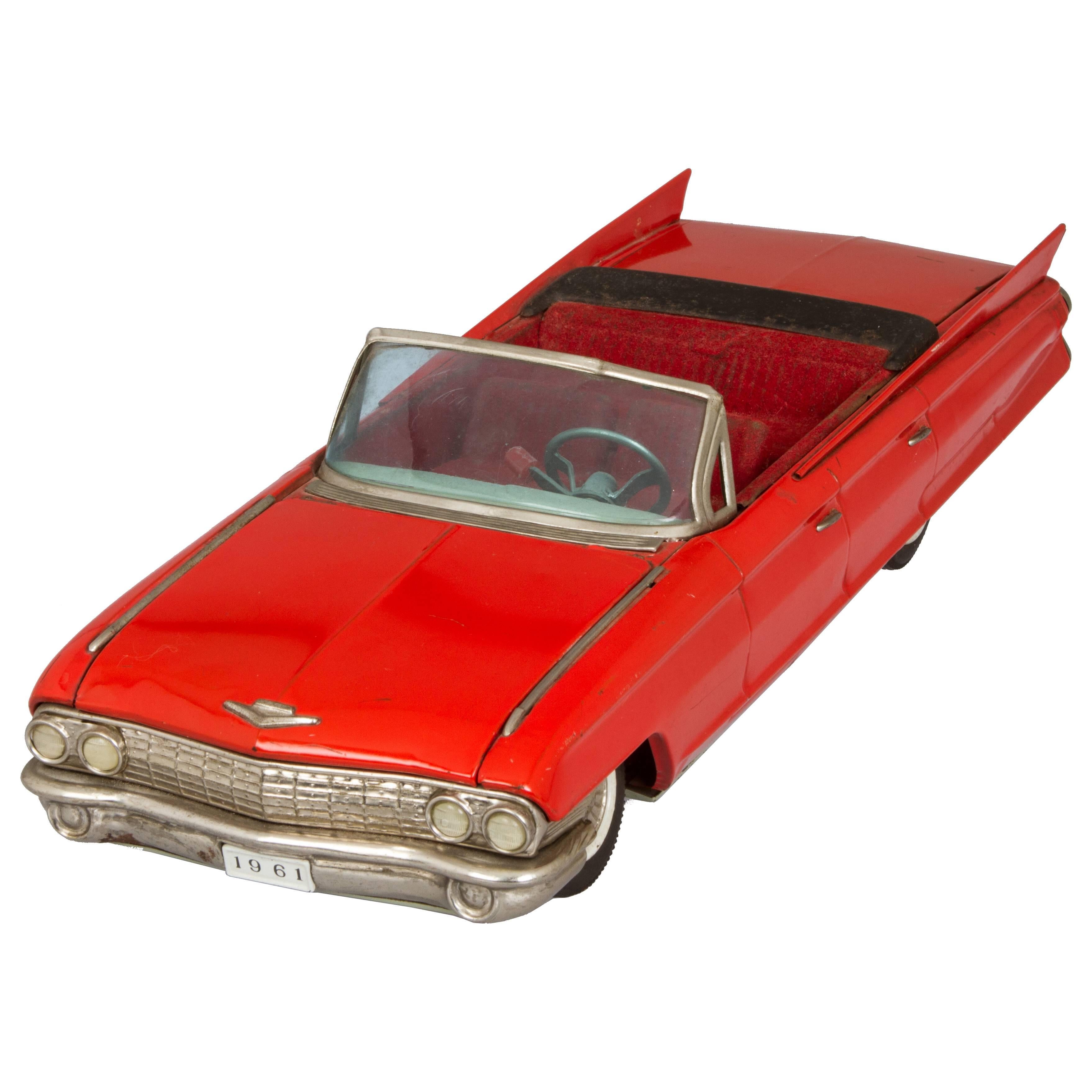 Large 1961 Vintage Cadillac Convertible Tin Toy For Sale