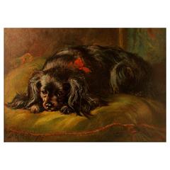 Antique King Charles Cavalier Spaniel Dog Painting