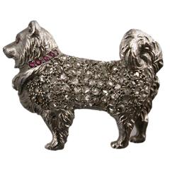 Antique Edwardian Platinum Spitz/Pomeranian Dog Brooch Set with Diamonds and Rubies